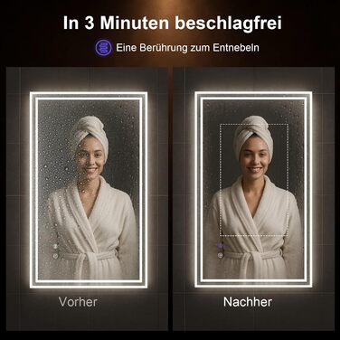 Дзеркало для ванної кімнати Youyijia з підсвічуванням, 70x50 см, з антизапарюючим покриттям, сенсорним вимикачем, 3 кольори світла, регулювання яскравості, 3500K-6500K