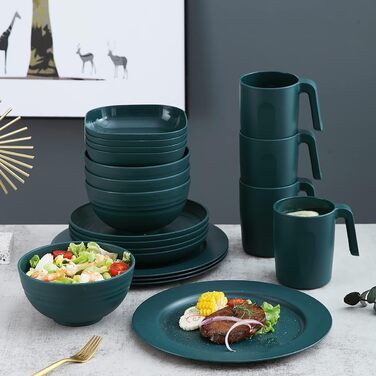 Набір посуду Kyraton з 20 предметів: тарілки, чашки, миски. Неймовірно міцний, легкий, для кемпінгу. Безпечний для миття в посудомийній машині. Підходить для 4 осіб (темно-зелений)