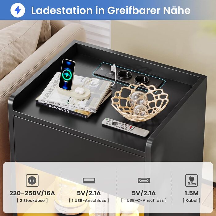 Нічний столик AOGLLATI з LED-підсвічуванням та зарядкою, з шухлядами та полицею, білий (40x35x60 см)