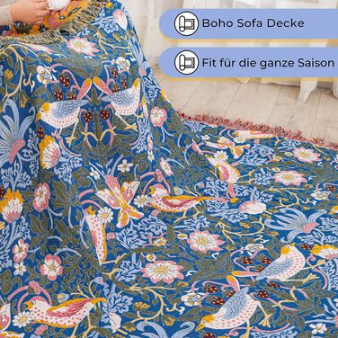 Плед Boho з 100% бавовни, стиль кантрі, 150х200 см (Птахи та квіти)