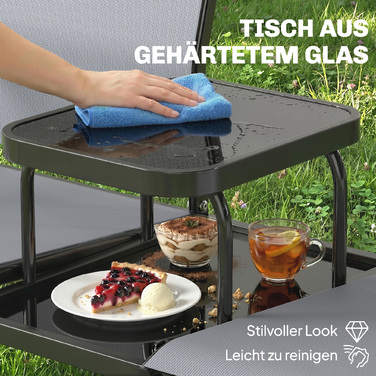 Садова лавка на двох з спинкою та підлокітниками, з двоярусним скляним столиком. Паркова лавка, витримує навантаження до 240 кг, розміри 135 x 67 x 81 см, сірого кольору.