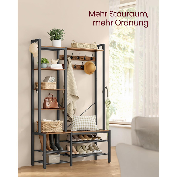 Стійка для одягу VASAGLE з полицею для взуття, 5 полиць, 9 тричі-гачків, 6 бічних гачків, 40 x 120 x 190 см, вінтажний коричневий + чорний, HSR426B01