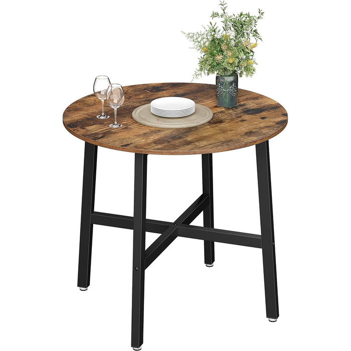 Обідній стіл, кухонний стіл, круглий, для вітальні, офісу, 80 х 75 см (діаметр х В), індустріальний стиль, сільський коричневий і чорний KDT080B01