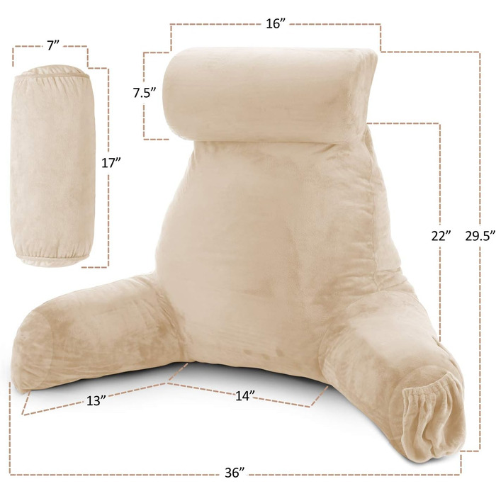 Подушка для читання Clara Clark з великою спинкою, з піною з пам'яті, для дорослих, з підлокітниками та кишенями (Велика, Бежево-кремовий)