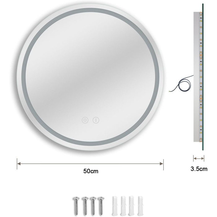 Дзеркало для ванної кімнати Dripex круглої форми з підсвічуванням LED, сенсорне керування, регулювання яскравості, 3 кольори світла, антизапарник, 50x50 см