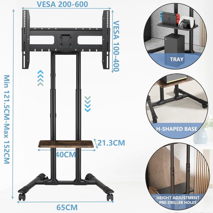 Підставка для телевізора ETHU з колесами, мобільна, для телевізорів 32-85 дюймів (LCD/LED/Plasma), до 60 кг, регульована по висоті, з підставкою для ноутбука, VESA 600x400 мм, горіх