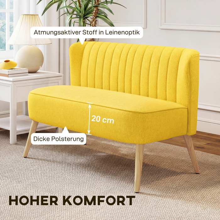 Диван на дво місця, м'яке оббиття, легкий у догляді матеріал, витримує до 220 кг, розміри 117 x 56,5 x 77 см, колір жовтий.