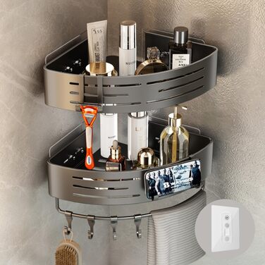 Поличка для душу Voldra без свердління, кутова поличка для ванної кімнати з присосками, металева поличка для душу з тримачем для рушників (2 шт., сіра)