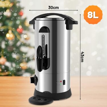 Глювайновий нагрівач з 10 чашками | 1500W нагрівач гарячих напоїв з нержавіючої сталі з термостатом 30–110°C, функцією підігріву та краном | Глювайновий автомат для вечірок (8л, срібний)