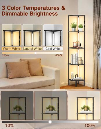 LED торшер з полицею: 3 режими світла, димування (сенсор, пульт), кутова полиця 5 рівнів, вузька книжкова шафа для вітальні, спальні, офісу (чорний)