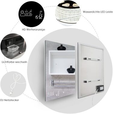 Дзеркало для ванної кімнати LED ByeCold 60x80 см з підсвічуванням, антизапарювання, WiFi, погода та дата, сенсорне управління