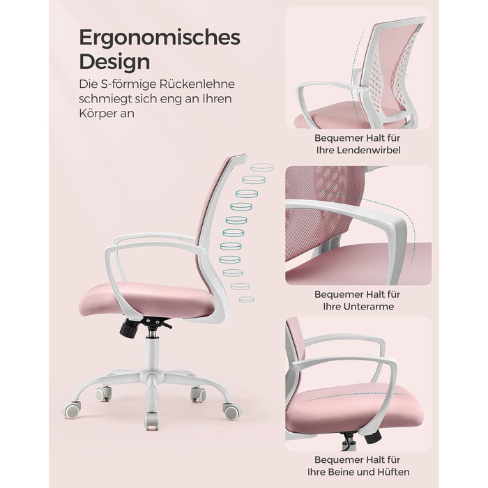 Ергономічне офісне крісло SONGMICS для комп'ютера, сітчасте стілець для робочого столу з функцією гойдання, регулюванням висоти, пастельно-рожеве, до 120 кг, OBN022GD01