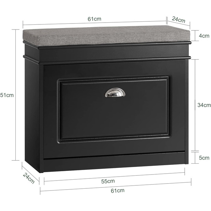 Полка для взуття SoBuy з подушкою для сидіння та місцем для зберігання, вузька, чорна, 60x51x24 см, до 150 кг