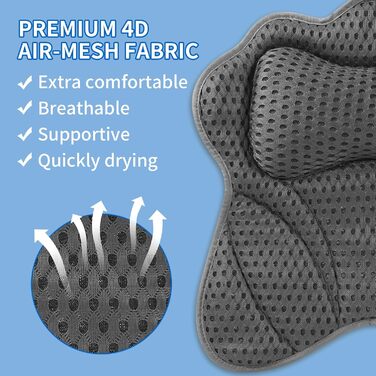 Подушка для ванни 4D сітка з присосками, підтримка шиї, плечей, голови та спини, сіра