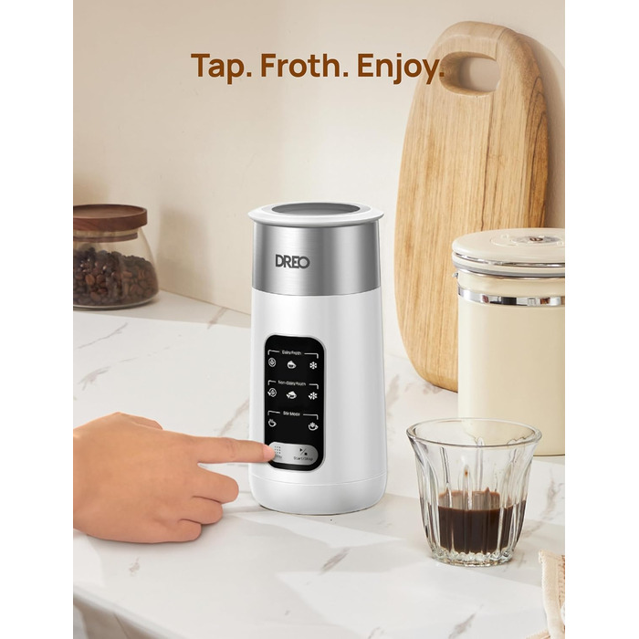 Dreo електричний спінювач молока 8-в-1 для лате арт, 270 мл, з підігрівом, LED, білий