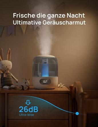 Зволожувач повітря Dreo для спальні, ультразвуковий холодний туман, 30 годин роботи, 3л резервуар, датчик вологості, нічник для дітей, кімнатних рослин та дому (Сірий)