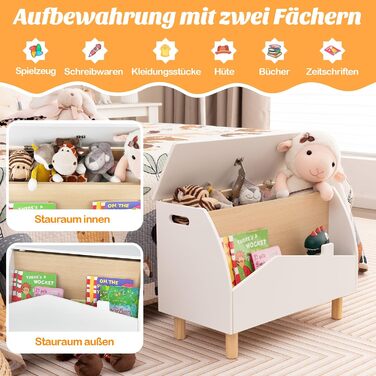 COSTWAY Скринька для іграшок з полицею, дерев'яна іграшковий ящик з кришкою, комод для іграшок, органайзер для дитячої кімнати, 60x30x44 см (Білий)