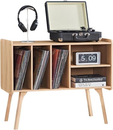 Сумка-органайзер для вінілових платівок LELELINKY: стійка з 4 полицями, вміщує до 220 платівок, з міцними дерев'яними ніжками, стиль Mid-Century, білий колір, для зберігання вінілу