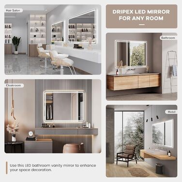 Дзеркало для ванної кімнати Dripex з LED-підсвічуванням 50x70 см (60x80 см) з Bluetooth, розеткою та протитуманним покриттям