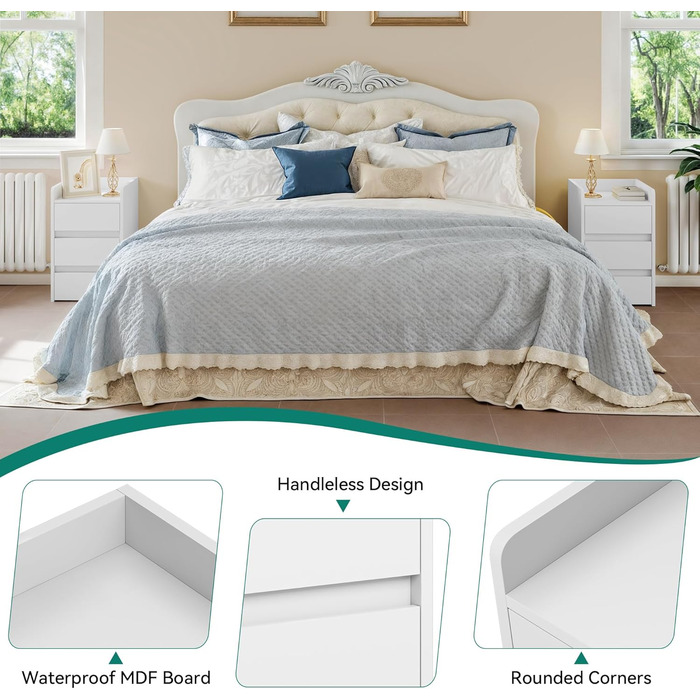 Приліжкові тумбочки YITAHOME 2 шт. з металевими ніжками та ручками, білий колір, 3 висувні ящики, 35 x 40 x 59 см