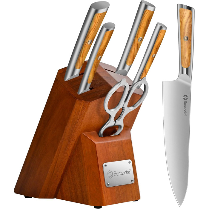 Набір ножів Sunnecko 6 шт. з підставкою – кухонний набір ножів для кухні, з ергономічними ручками та гострими лезами, з підставкою з нержавіючої сталі та акацієвого дерева