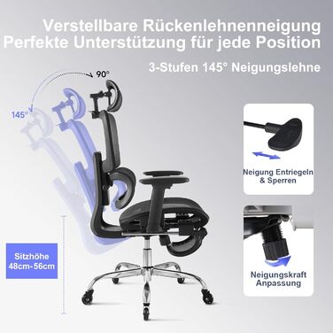 Ергономічне крісло для офісу з підніжкою та подушкою для шиї, 5-рівневе регулювання спинки, 2D підтримка попереку, 3D підлокітники/підголівник, функція нахилу 145°, сітчасте сидіння, гумові колеса, чорний колір, Pro