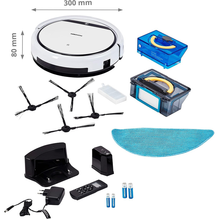 Робот-пилосос MEDION з функцією миття підлоги (90 хв роботи, 2-в-1, для твердих підлог, килимів, плитки, ламінату, оптимізований для шерсті тварин, повернення на зарядну станцію, MD 18501) білий