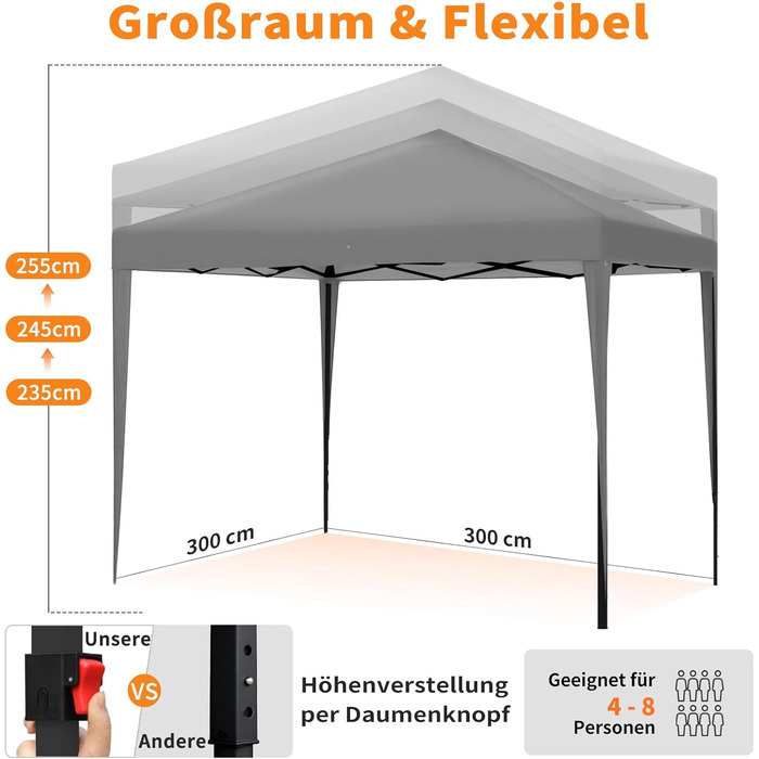 Павільйон 3x3 з 4 стінками, розкладний, стабільний, з сумкою для перенесення, зимостійкий, захист від сонця UV 50+, регульована висота, для вечірок, саду, відпочинку на природі, сірий