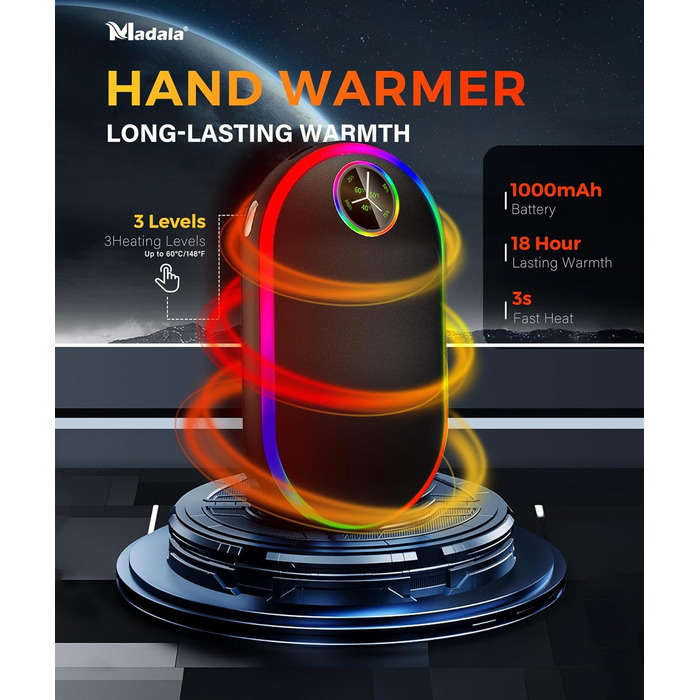 Електричний підігрівач для рук 10000mAh з підсвічуванням (7 кольорів), перезаряджуваний, портативний, чорний - ідеальний зимовий подарунок для чоловіків та жінок