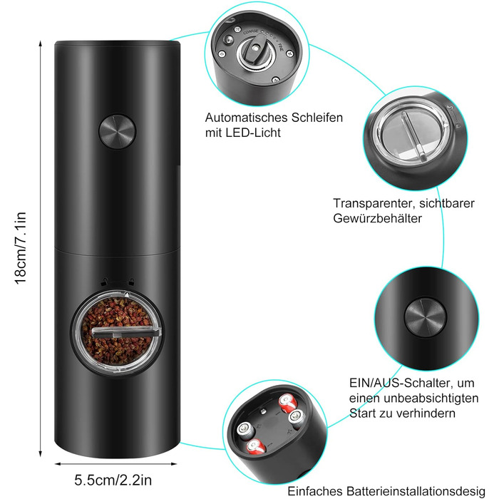 Млин для солі та перцю електричний, 2 шт. набір млинів для солі та перцю, працює від батареї зі світлодіодним світлом Млин для перцю електричний для кухні західного ресторану на відкритому повітрі Барбекю