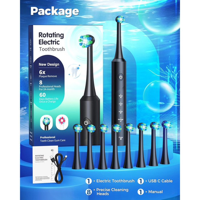 Електрична зубна щітка Rotierende для дорослих з 8 насадками, 4 режимами чищення, акумулятором на 60 днів та смарт-таймером 2 хв - професійна електрична зубна щітка (чорна)