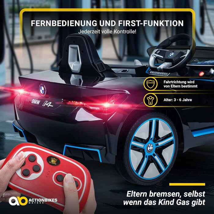 Дитячий електромобіль BMW i4 Actionbikes Motors, ліцензійний, з пультом 2,4 ГГц, електроавто для дітей від 3 років, іграшковий автомобіль (білий/чорний)