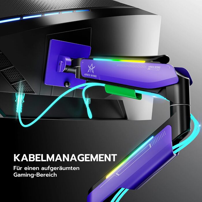 Кріплення для монітора ARES WING Gaming – для моніторів 17-49 дюймів, RGB, витримує до 20 кг, VESA 75/100 мм (фіолетовий)