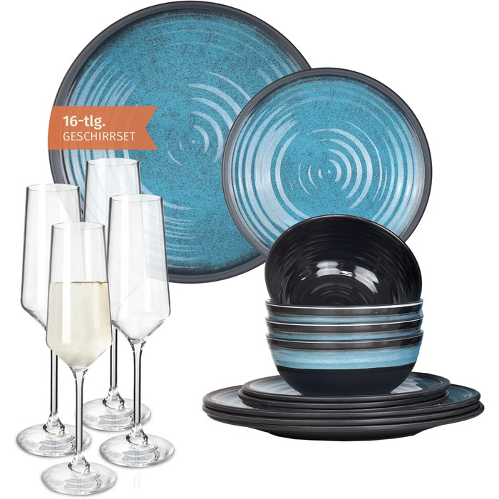 Набір посуду для кемпінгу Stone Design на 4 особи (12 предметів) | Меламін, миється в посудомийній машині | Набір для пікніка | Посуд для кемпінгу