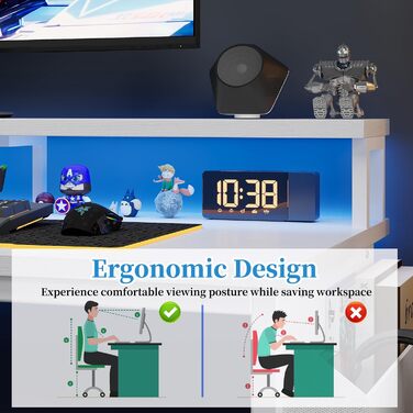 Кутовий стіл Grandder з LED-підсвічуванням та розетками, 120 см, ігровий стіл з 2 полицями, стіл для комп'ютера з підставкою для монітора, робоче місце для ПК, Homeoffice, карбоновий чорний (120 x 70 см, білий)