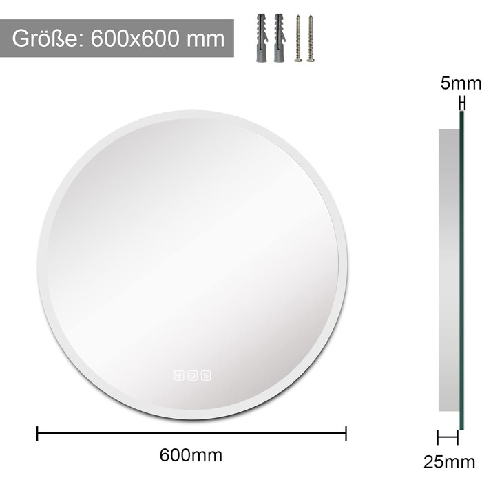 Круглий дзеркало Furduzz з підсвічуванням, 600 мм, для ванної кімнати, настінний, сенсорна кнопка, диммування, 3 кольори, антизапар, інтелектуальна пам'ять