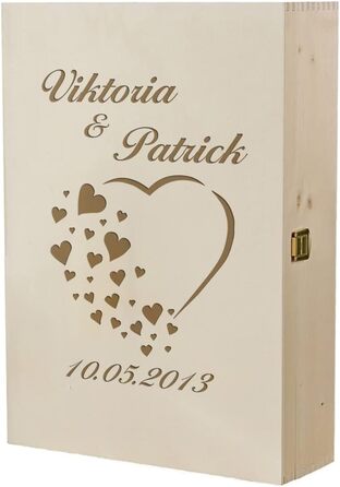 Келих для вина 560 мл з індивідуальним гравіюванням мотиву серця - персоналізований - в т.ч. дерев'яна коробка та червоне вино