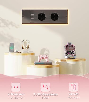 Офісний стіл для геймінгу OffiGo, 140 см, регульована висота, RGB LED, розетки, 3 полиці, тримач для напоїв та навушників, поверхня з карбону, білий колір