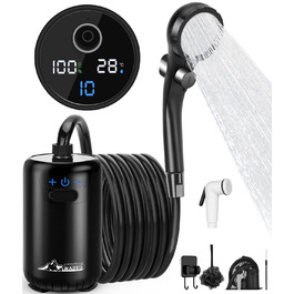 Портативна душова кабіна WADEO для кемпінгу з акумулятором та помпою, 10 режимів, акумулятор 6000 mAh (3 години роботи), подвійний цифровий дисплей, для відпочинку на природі, у саду та в подорожах (чорна)