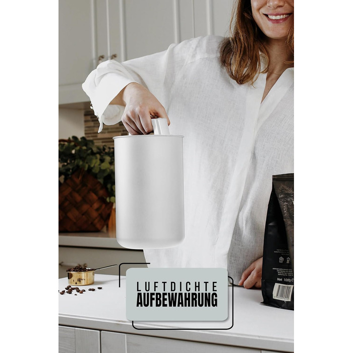 Контейнер для кави KC Kitchen & Co. з герметичним вакуумним кришкою, 2800 мл, нержавіюча сталь, для кави, чаю, цукру, мюслі, білий матовий