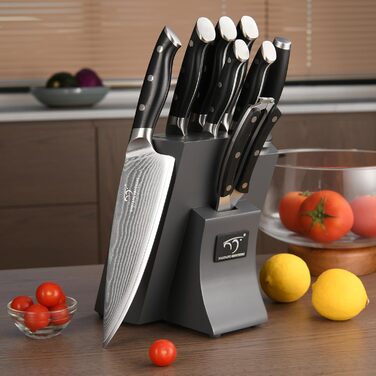 Набір кухонних ножів Дамаск з дерев'яним блоком, професійний кухонний набір, VG10, 67 шарів, преміум якість (9 предметів, сірий)
