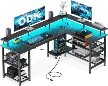 Ігровий стіл ODK з LED-підсвічуванням, 150x102 см, з 2 розетками та 2 USB-портами, кутовий, з підставкою для роутера, карбон, чорний