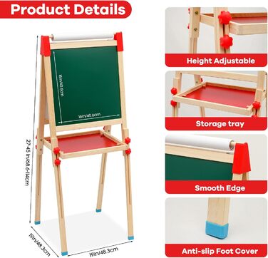 Дитяча мольберт Kinder Staffelei 3 в 1: дерев'яна дошка з рулоном паперу, двостороння, регульована висота 68-114 см. Комплектація: аксесуари для малювання. Підходить для дітей 3-12 років.