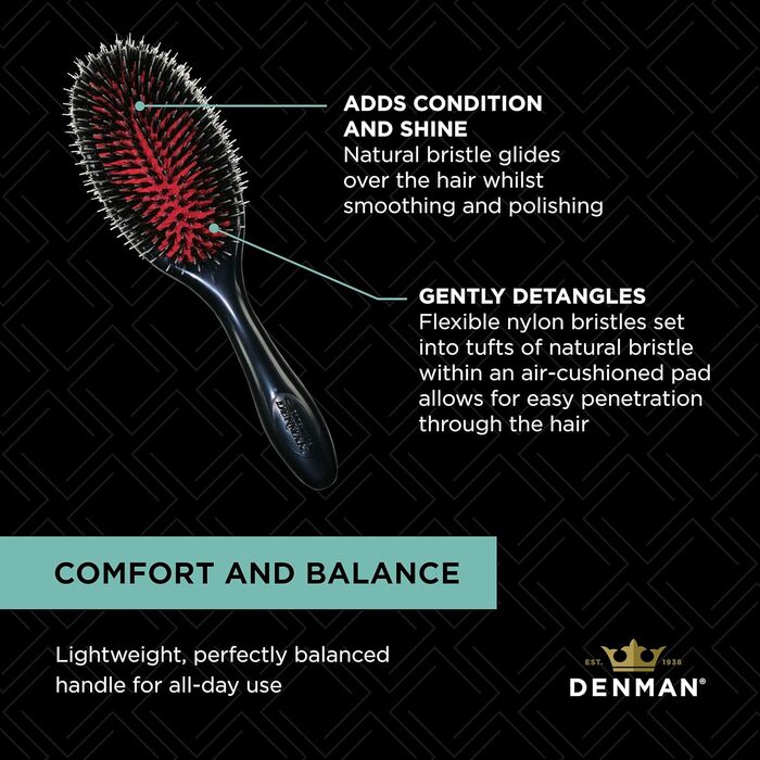 Щітка Denman Cushion Brush - розплутування та блиск, додає блиск, розгладжує кучері - чорна ()