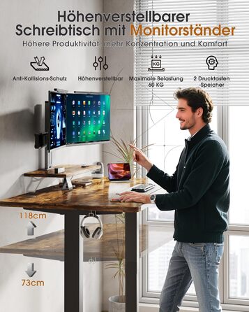 Електричний регульований стіл TRIUMPHKEY 140x60 см з підставкою для монітора, білий