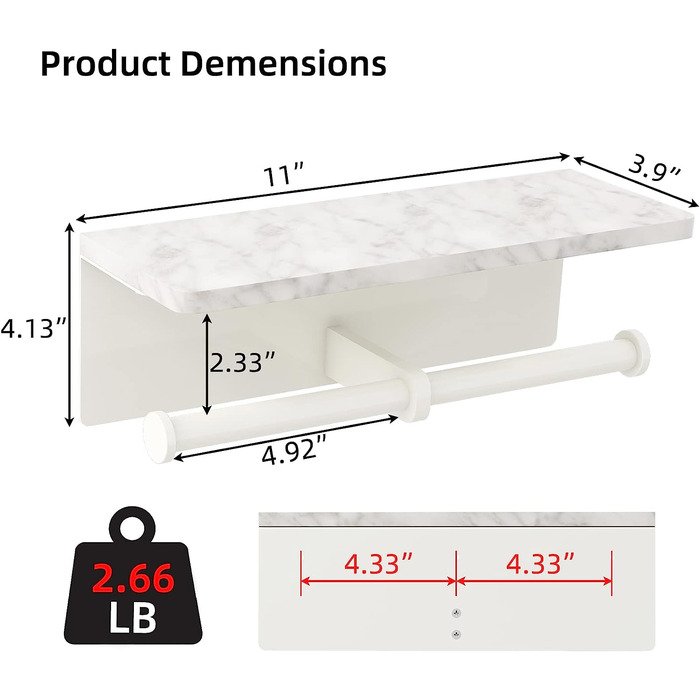 Тримач для туалетного паперу з циганського мармуру з полицею, настінний гвинт з нержавіючої сталі 304, тримач для рулонів паперу для ванної кімнати, матовий (білий подвійний)