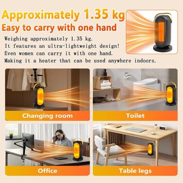 Електричний обігрівач з керамічним PTC нагрівачем, 1200W, з термостатом та захистом від перегріву та перекидання. Підходить для дому та офісу.