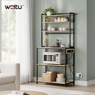 Кухонна полиця WOLTU з 6 ярусами, з розетками, для мікрохвильової печі, з металевим каркасом, регульовані полиці, Чорний+Рустикальний коричневий, 60 x 167 x 40 см