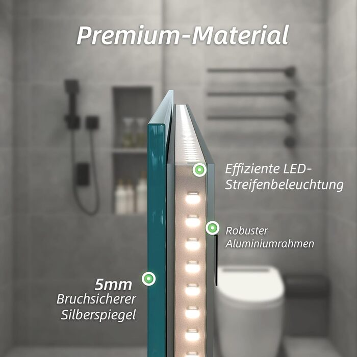 Дзеркало для ванної кімнати HySail з підсвічуванням, 5 мм, висока роздільна здатність, срібне покриття, 3 колірні температури, регульована яскравість, антизапарник, кругле, 60x60 см