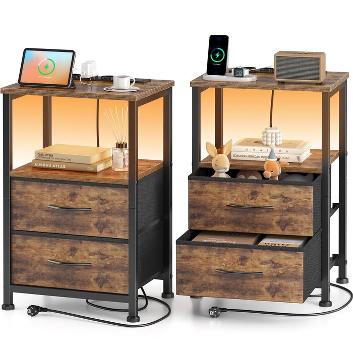 Набір з 2 тумбочок з LED-підсвічуванням та функцією зарядки, тумбочки з ящиком, 3 розетки AC та 2 USB-порти, для вітальні, спальні, вінтажний колір, 40x30x60 см